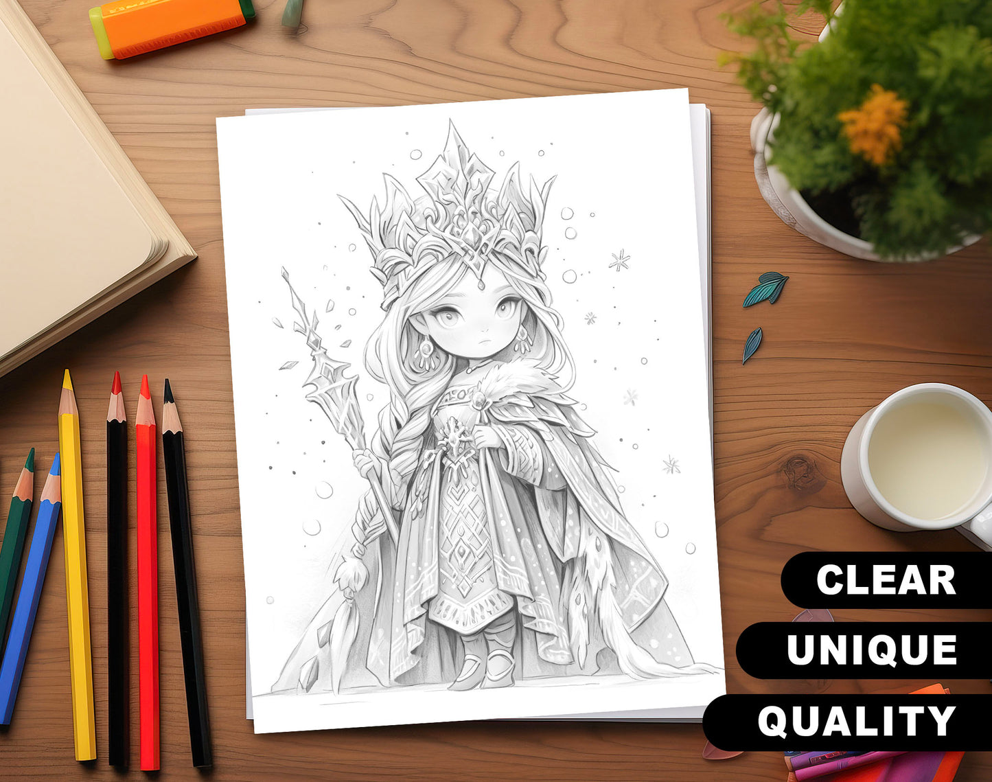 50 Winter Of The Little Princess Grayscale Coloring Pages - Instant Download - Printable PDF Dark/Light