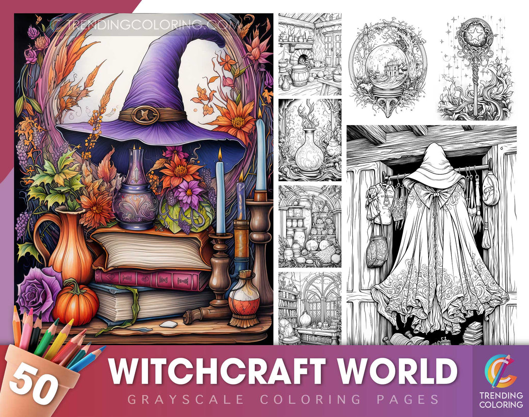 50 Witchcraft World Grayscale Coloring Pages 