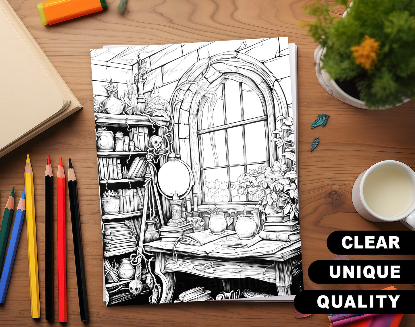 50 Witchcraft World Grayscale Coloring Pages - Instant Download - Printable PDF Dark/Light