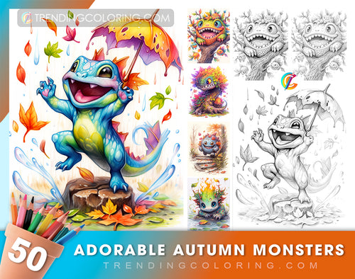 50 niedliche Herbstmonster Graustufen-Ausmalbilder - Halloween Ausmalen - Sofortiger Download - Druckbare PDF Dunkel/Hell