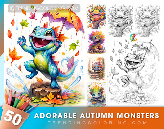 50 Adorable Autumn Monsters Grayscale Coloring Pages - Halloween Coloring - Instant Download - Printable PDF Dark/Light