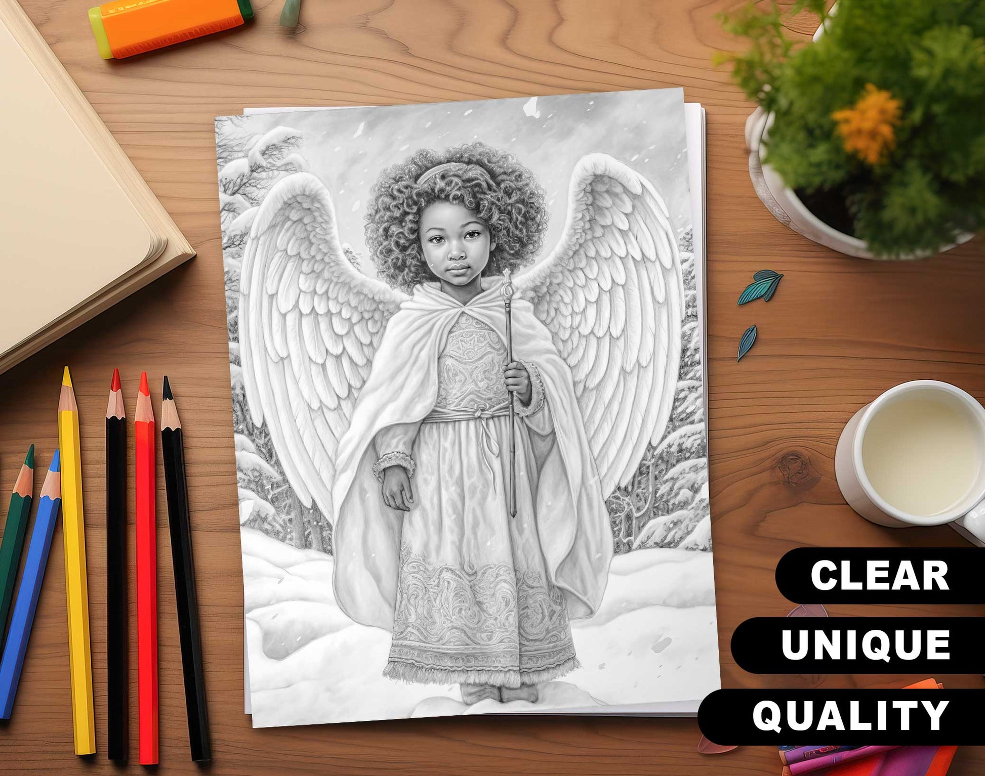 50 African Angels In Winterland Grayscale Coloring Pages - Instant Download - Printable PDF Dark/Light – preview 3