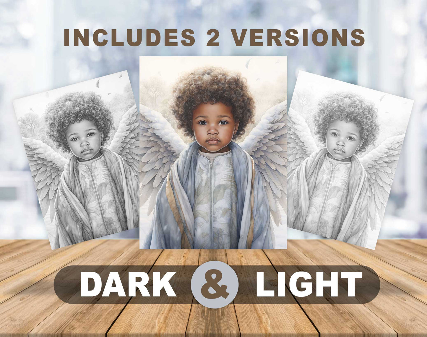 50 African Angels In Winterland Grayscale Coloring Pages - Instant Download - Printable PDF Dark/Light – preview 4