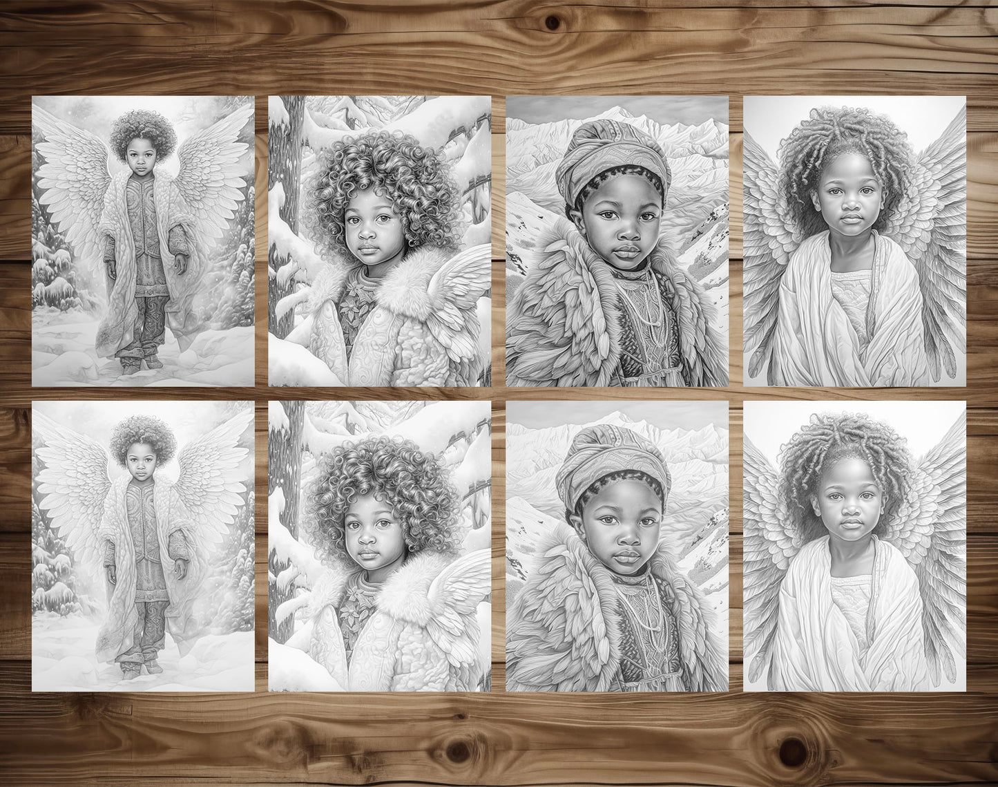 50 African Angels In Winterland Grayscale Coloring Pages - Instant Download - Printable PDF Dark/Light – preview 6
