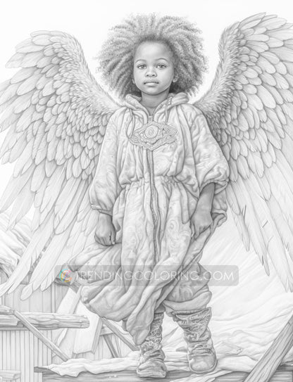 50 African Angels In Winterland Grayscale Coloring Pages - Instant Download - Printable PDF Dark/Light – preview 7