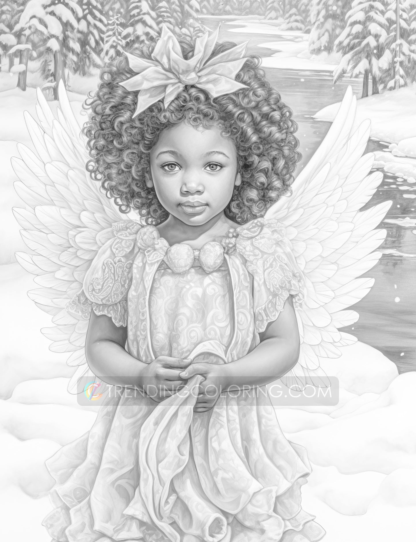 50 African Angels In Winterland Grayscale Coloring Pages - Instant Download - Printable PDF Dark/Light – preview 8