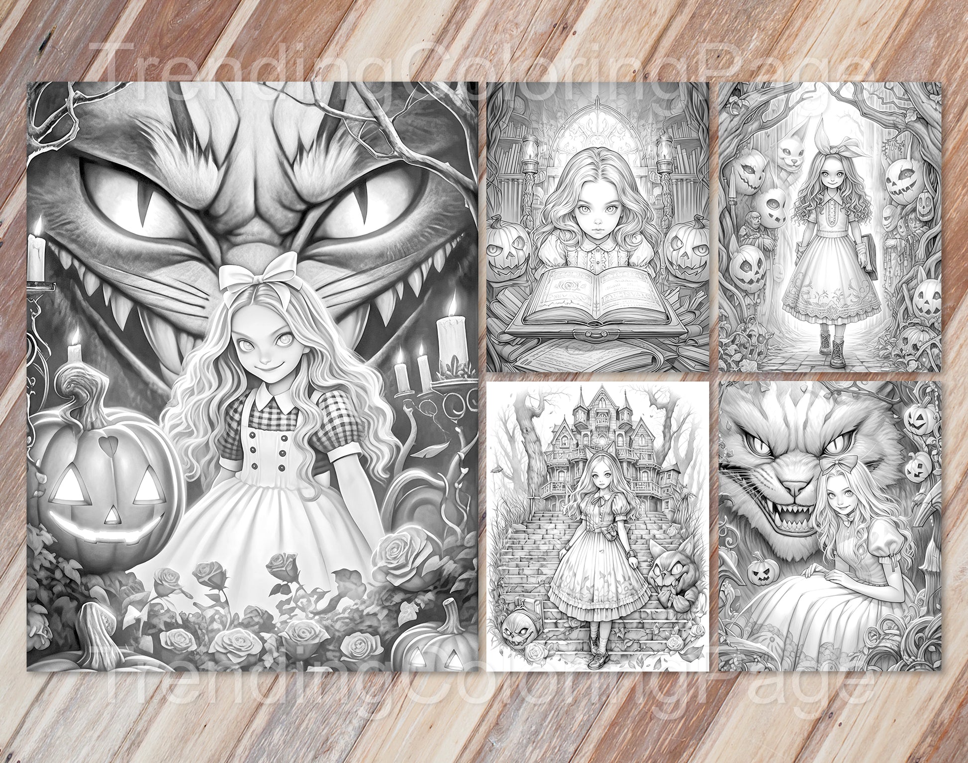 50 Alice in Halloweenland Grayscale Coloring Pages - Halloween Coloring - Instant Download - Printable PDF Dark/Light – preview 2
