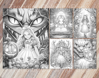50 Alice in Halloweenland Grayscale Coloring Pages - Halloween Coloring - Instant Download - Printable PDF Dark/Light – preview 2