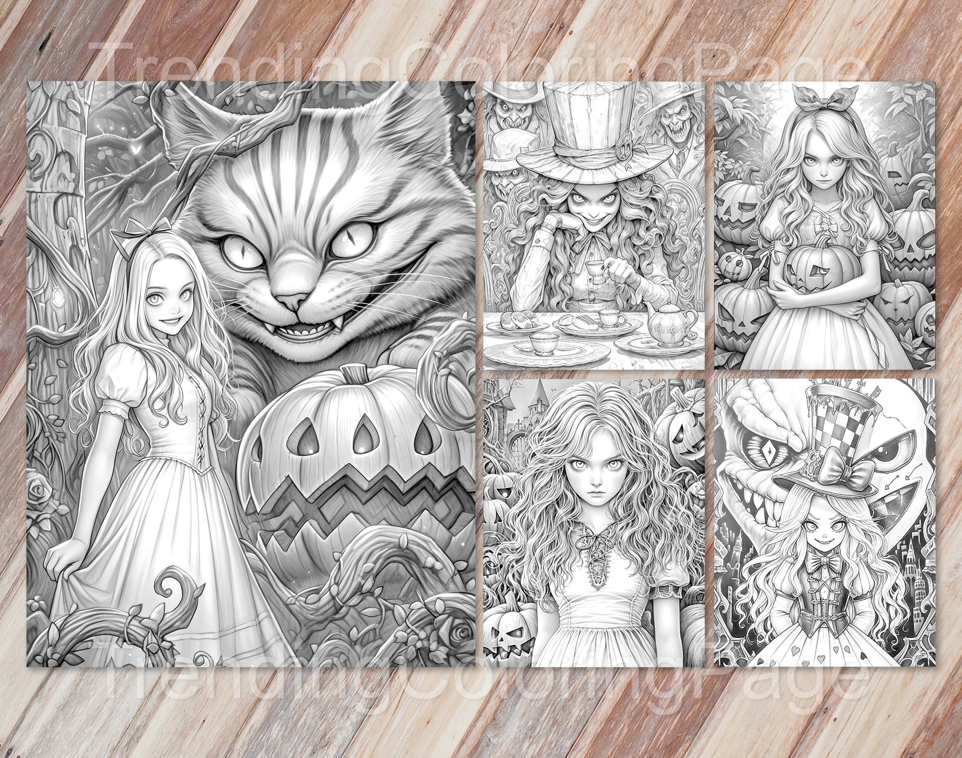 50 Alice in Halloweenland Grayscale Coloring Pages - Halloween Coloring - Instant Download - Printable PDF Dark/Light – preview 3