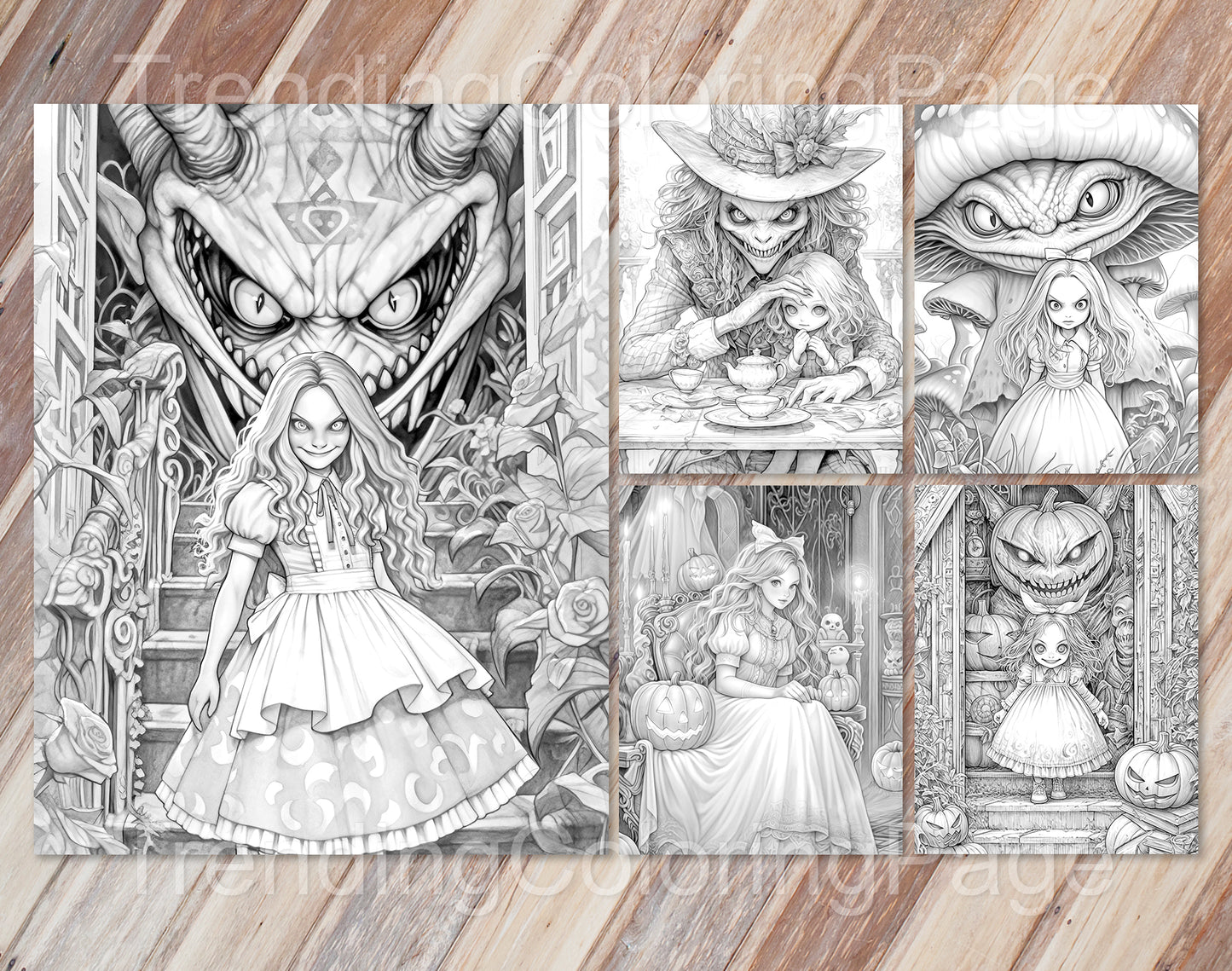50 Alice in Halloweenland Grayscale Coloring Pages - Halloween Coloring - Instant Download - Printable PDF Dark/Light – preview 4