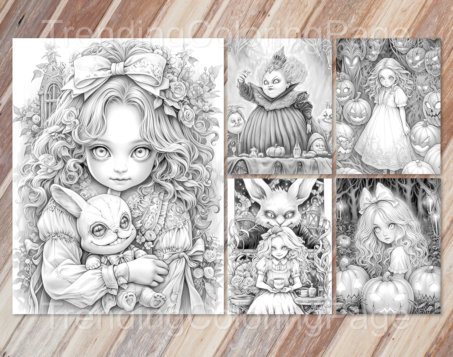 50 Alice in Halloweenland Grayscale Coloring Pages - Halloween Coloring - Instant Download - Printable PDF Dark/Light – preview 5