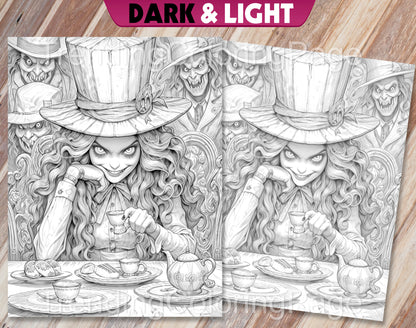 50 Alice in Halloweenland Grayscale Coloring Pages - Halloween Coloring - Instant Download - Printable PDF Dark/Light – preview 9