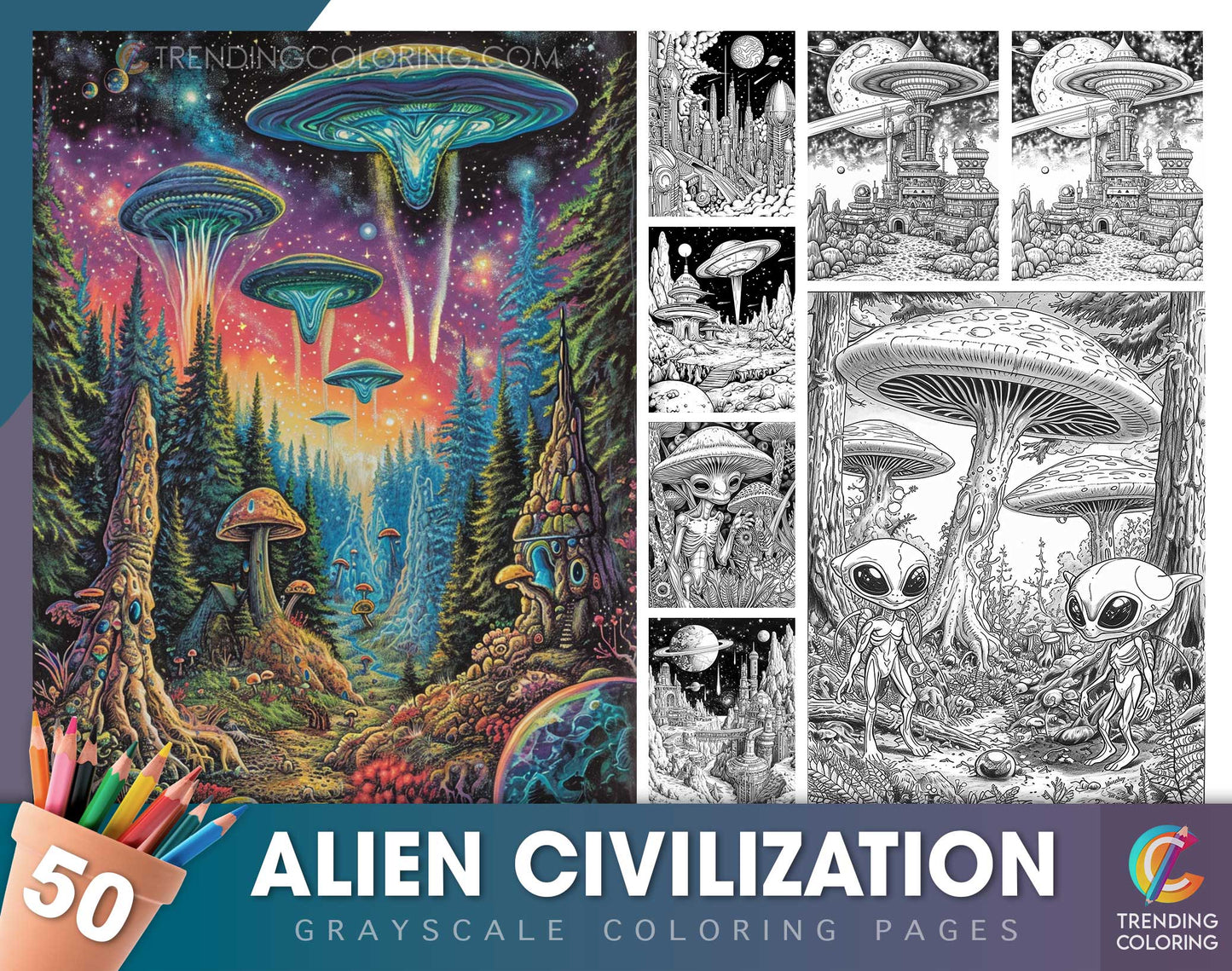 50 Alien Civilization Grayscale Coloring Pages - Instant Download - Printable PDF Dark/Light