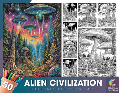 50 Alien Civilization Grayscale Coloring Pages - Instant Download - Printable PDF Dark/Light
