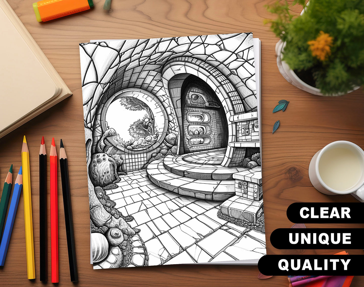50 Alien Civilization Grayscale Coloring Pages - Instant Download - Printable PDF Dark/Light – preview 3
