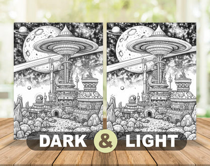 50 Alien Civilization Grayscale Coloring Pages - Instant Download - Printable PDF Dark/Light – preview 4