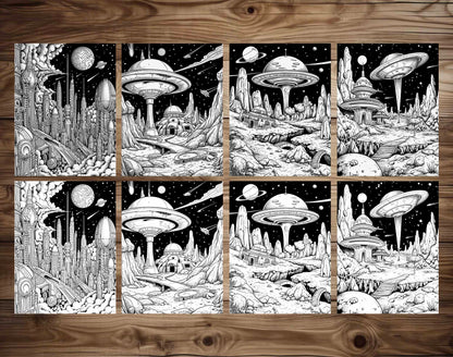 50 Alien Civilization Grayscale Coloring Pages - Instant Download - Printable PDF Dark/Light – preview 5