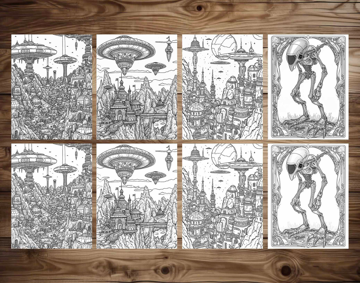 50 Alien Civilization Grayscale Coloring Pages - Instant Download - Printable PDF Dark/Light – preview 6
