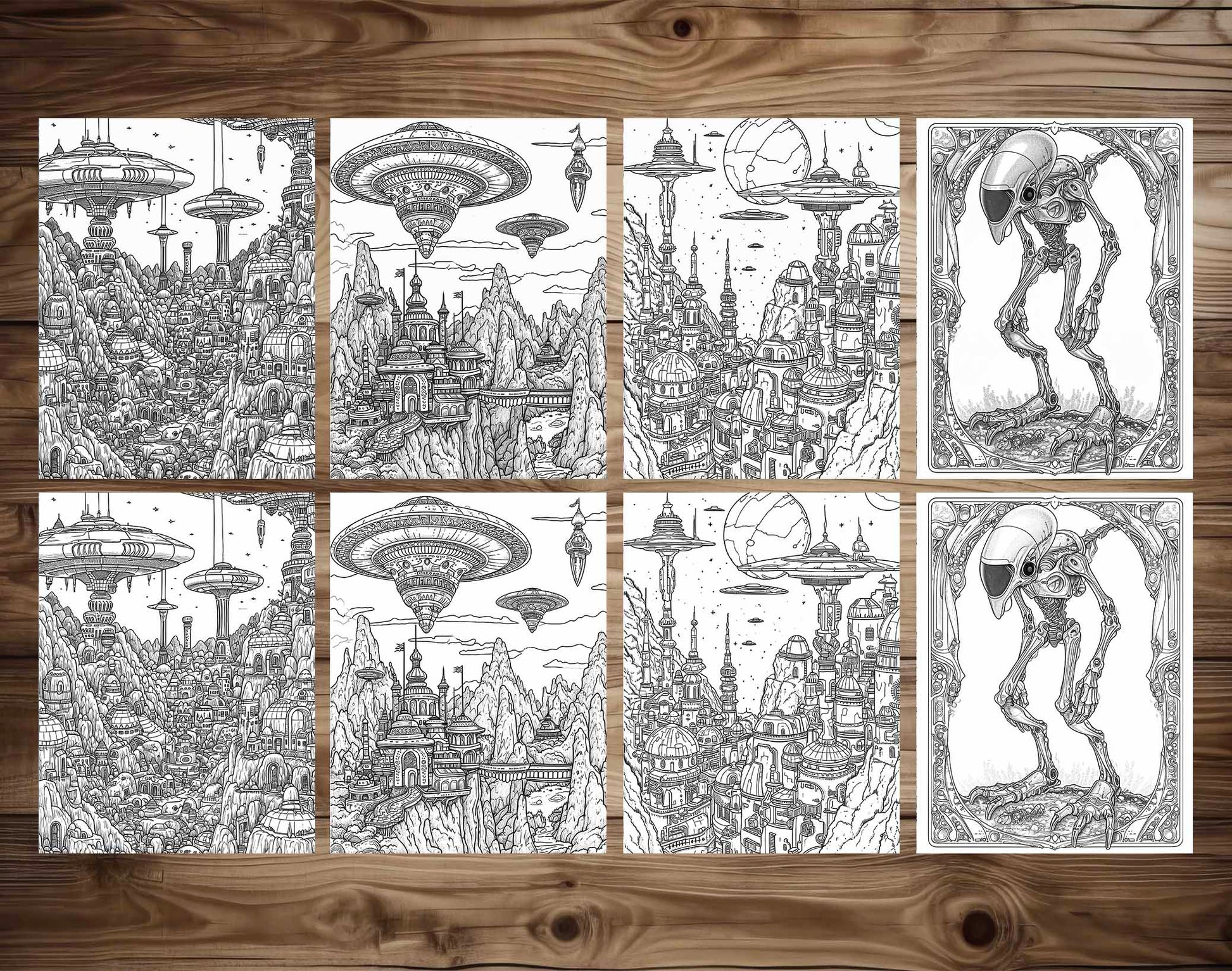 50 Alien Civilization Grayscale Coloring Pages - Instant Download - Printable PDF Dark/Light – preview 6