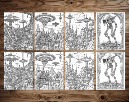 50 Alien Civilization Grayscale Coloring Pages - Instant Download - Printable PDF Dark/Light – preview 6