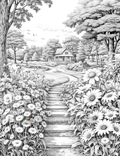 50 Autumn Blooms Grayscale Coloring Pages - Instant Download - Printable PDF Dark/Light – preview 10