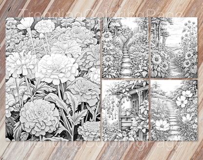 50 Autumn Blooms Grayscale Coloring Pages - Instant Download - Printable PDF Dark/Light – preview 2