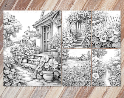 50 Autumn Blooms Grayscale Coloring Pages - Instant Download - Printable PDF Dark/Light – preview 3