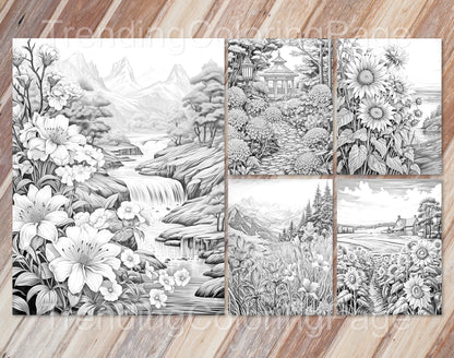 50 Autumn Blooms Grayscale Coloring Pages - Instant Download - Printable PDF Dark/Light – preview 6