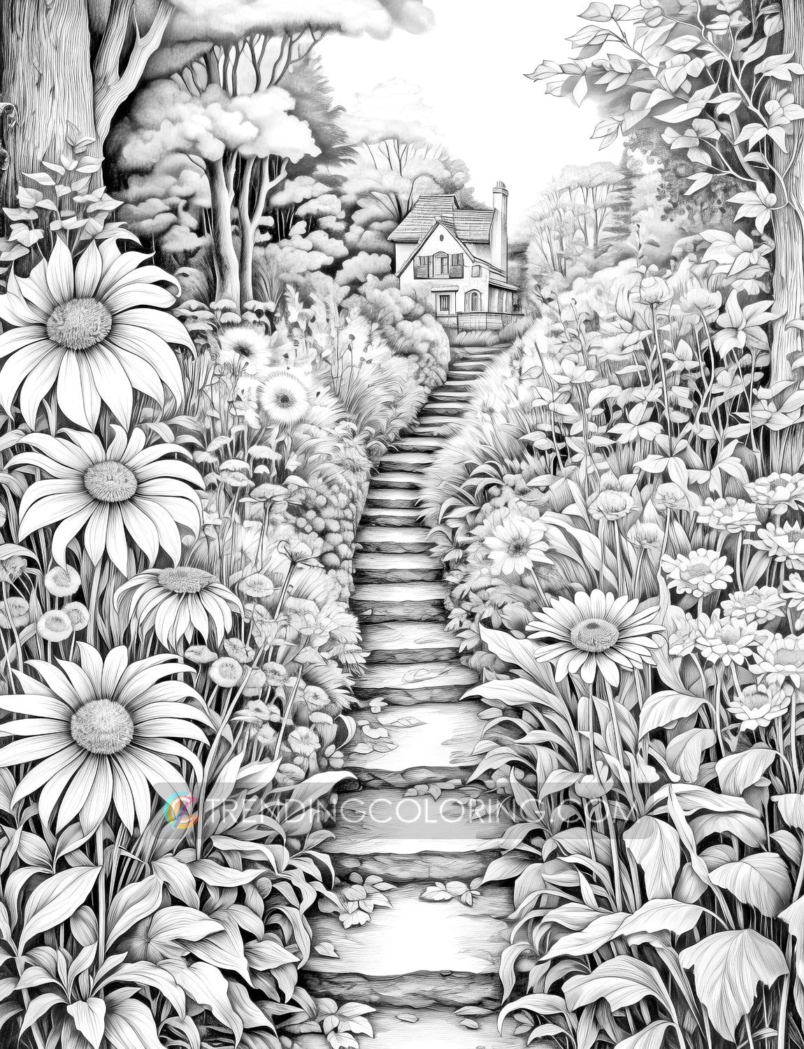 50 Autumn Blooms Grayscale Coloring Pages - Instant Download - Printable PDF Dark/Light – preview 9