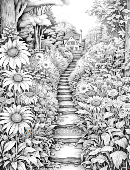 50 Autumn Blooms Grayscale Coloring Pages - Instant Download - Printable PDF Dark/Light – preview 9