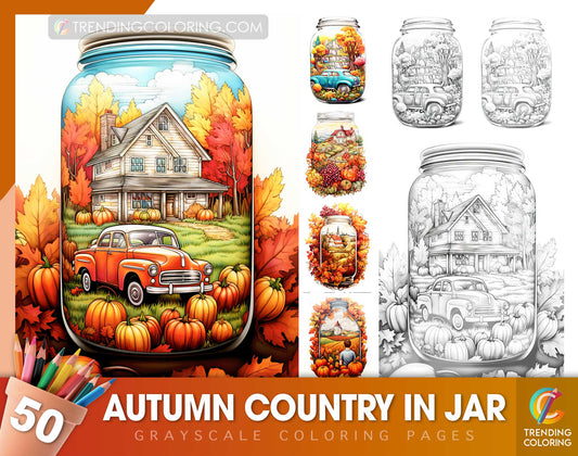 50 Autumn Country In Jar Grayscale Coloring Pages - Instant Download - Printable PDF Dark/Light