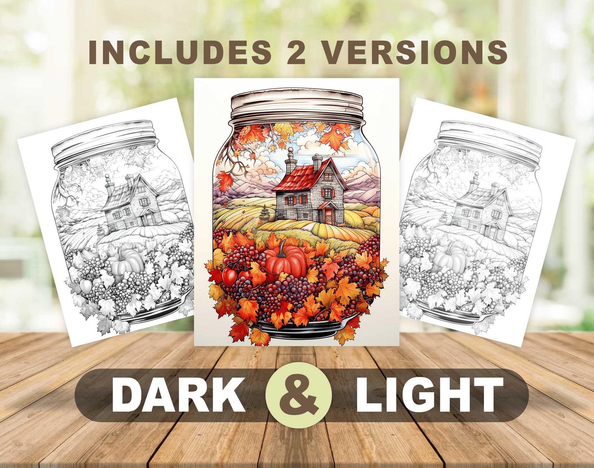 50 Autumn Country In Jar Grayscale Coloring Pages - Instant Download - Printable PDF Dark/Light – preview 4