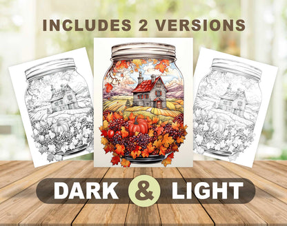50 Autumn Country In Jar Grayscale Coloring Pages - Instant Download - Printable PDF Dark/Light – preview 4