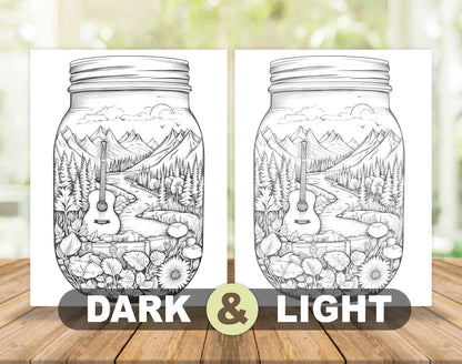 50 Autumn Country In Jar Grayscale Coloring Pages - Instant Download - Printable PDF Dark/Light – preview 5