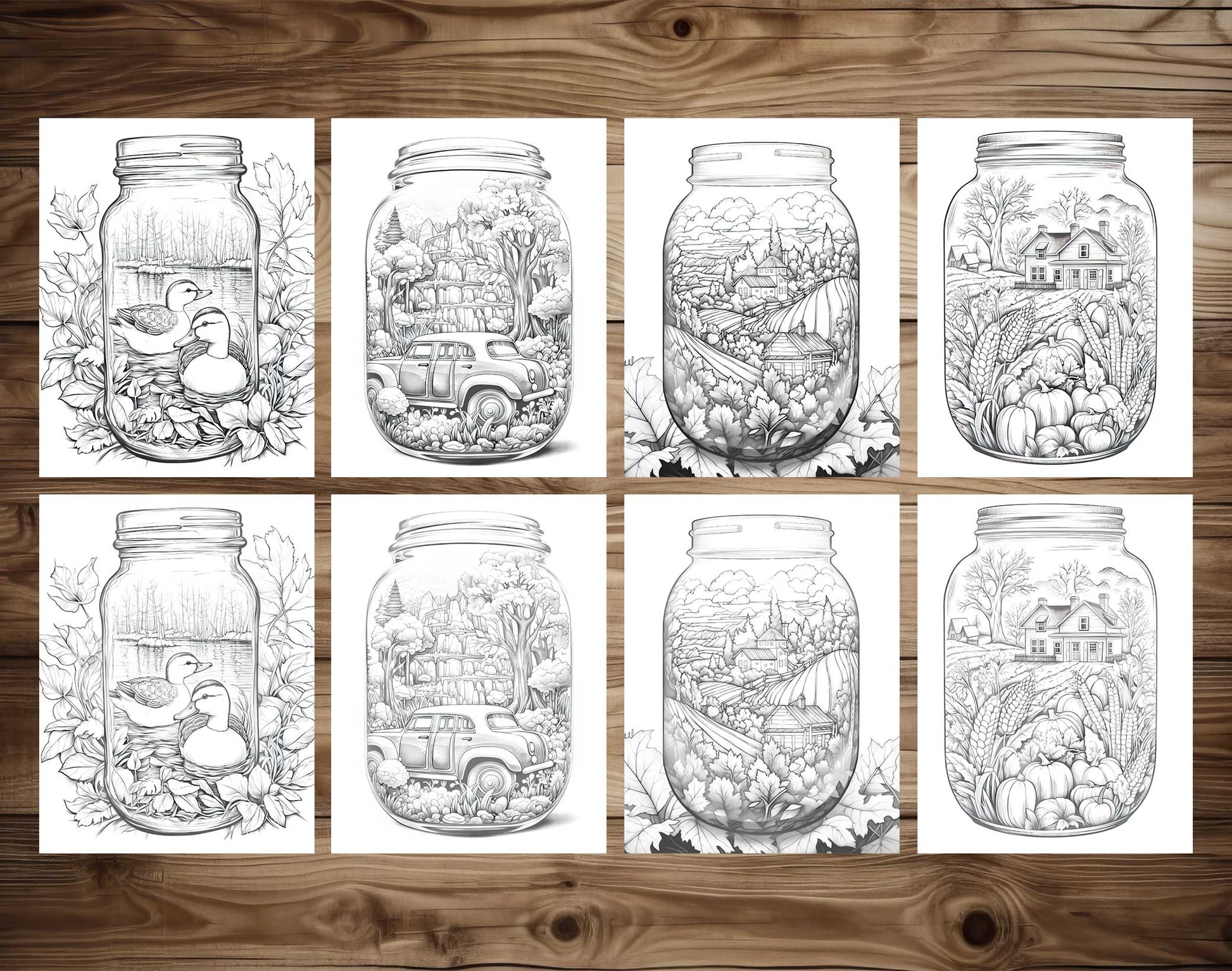 50 Autumn Country In Jar Grayscale Coloring Pages - Instant Download - Printable PDF Dark/Light – preview 6