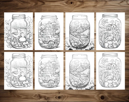 50 Autumn Country In Jar Grayscale Coloring Pages - Instant Download - Printable PDF Dark/Light – preview 6