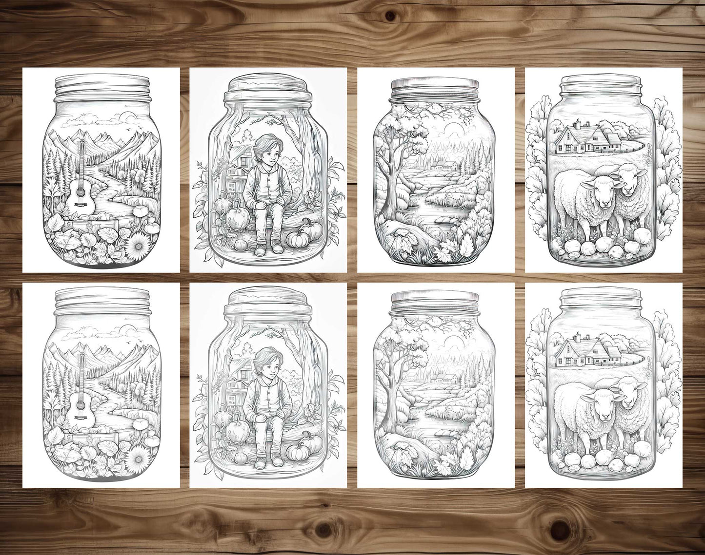 50 Autumn Country In Jar Grayscale Coloring Pages - Instant Download - Printable PDF Dark/Light – preview 7
