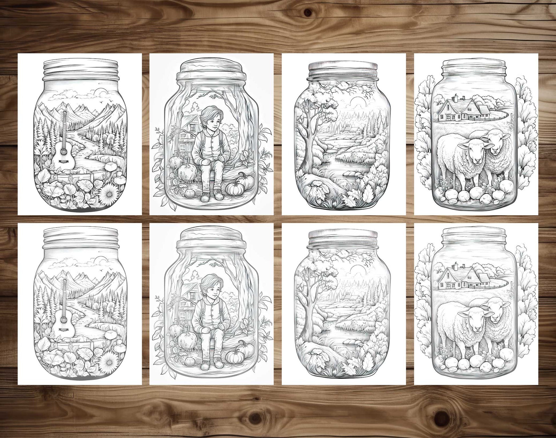 50 Autumn Country In Jar Grayscale Coloring Pages - Instant Download - Printable PDF Dark/Light – preview 7