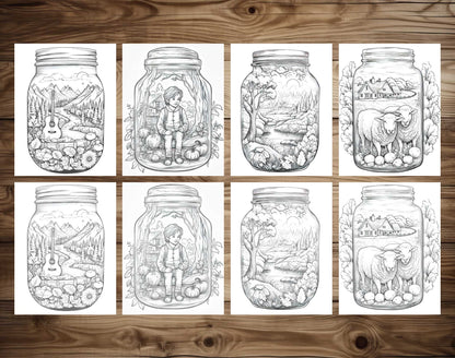 50 Autumn Country In Jar Grayscale Coloring Pages - Instant Download - Printable PDF Dark/Light – preview 7