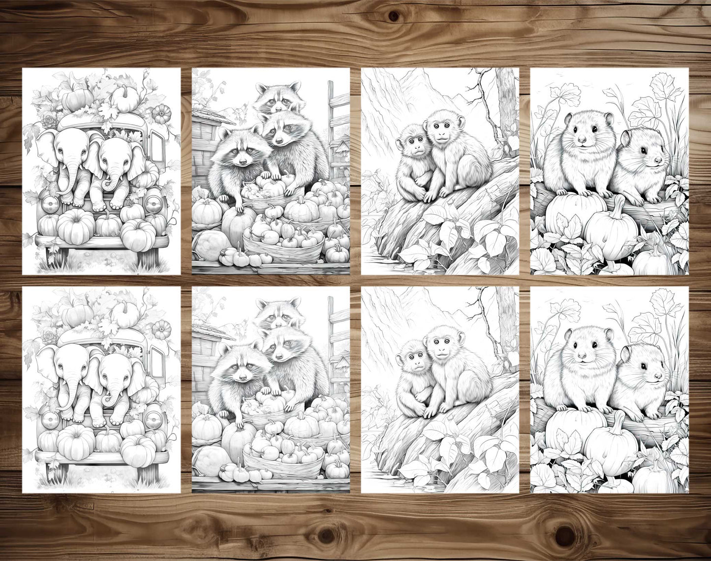50 Autumn Critters Grayscale Coloring Pages - Instant Download - Printable PDF Dark/Light – preview 3