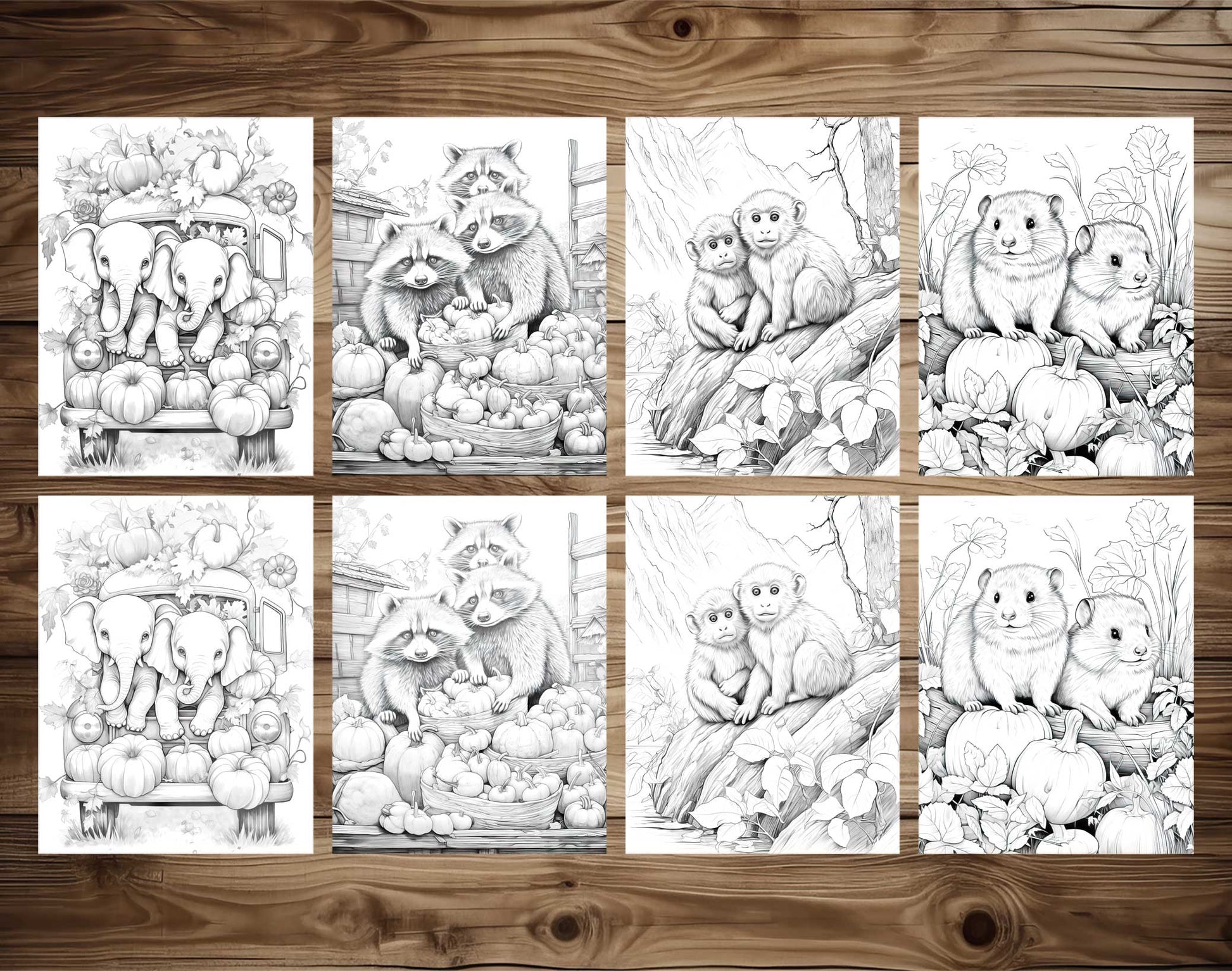 50 Autumn Critters Grayscale Coloring Pages - Instant Download - Printable PDF Dark/Light – preview 3