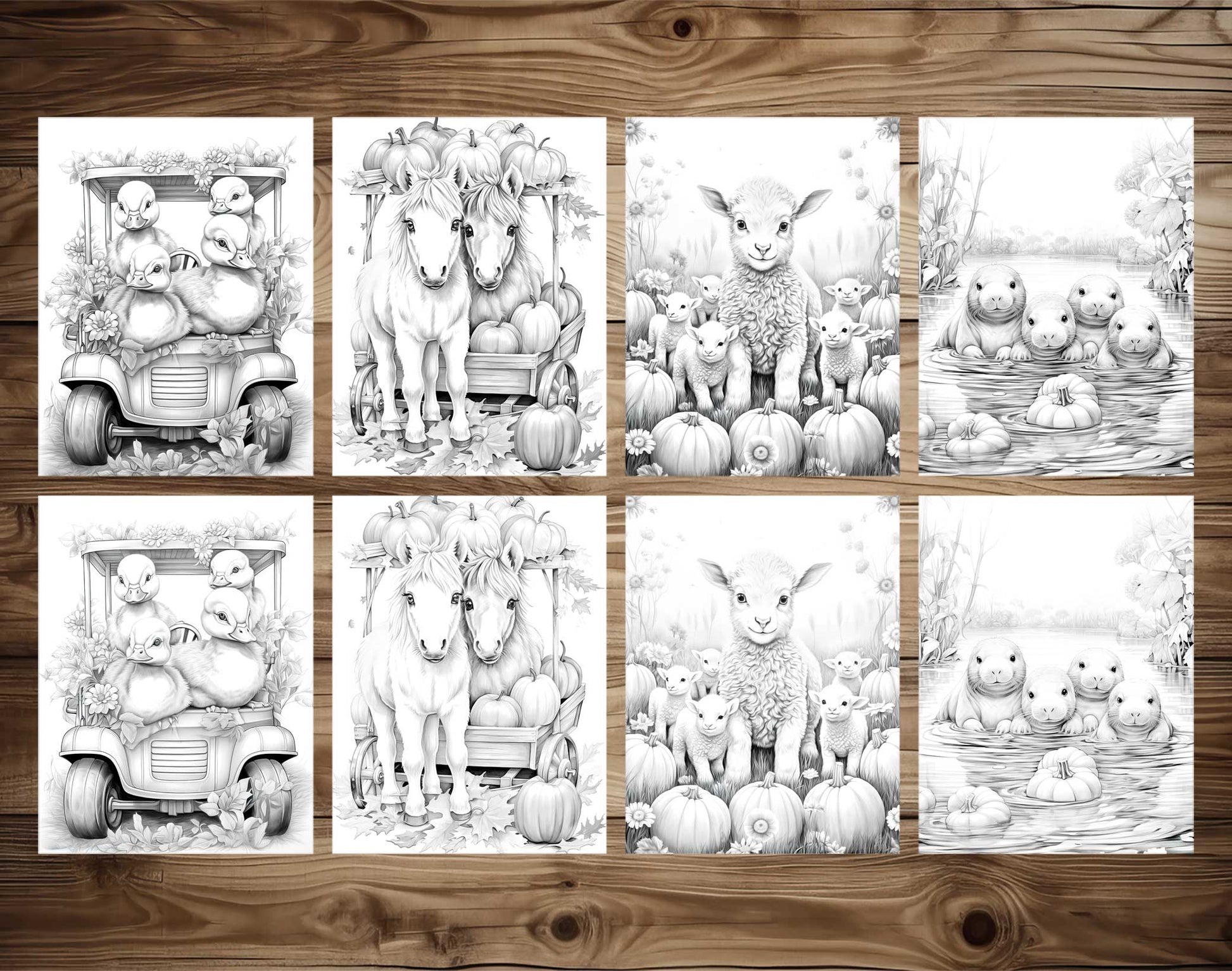 50 Autumn Critters Grayscale Coloring Pages - Instant Download - Printable PDF Dark/Light – preview 4