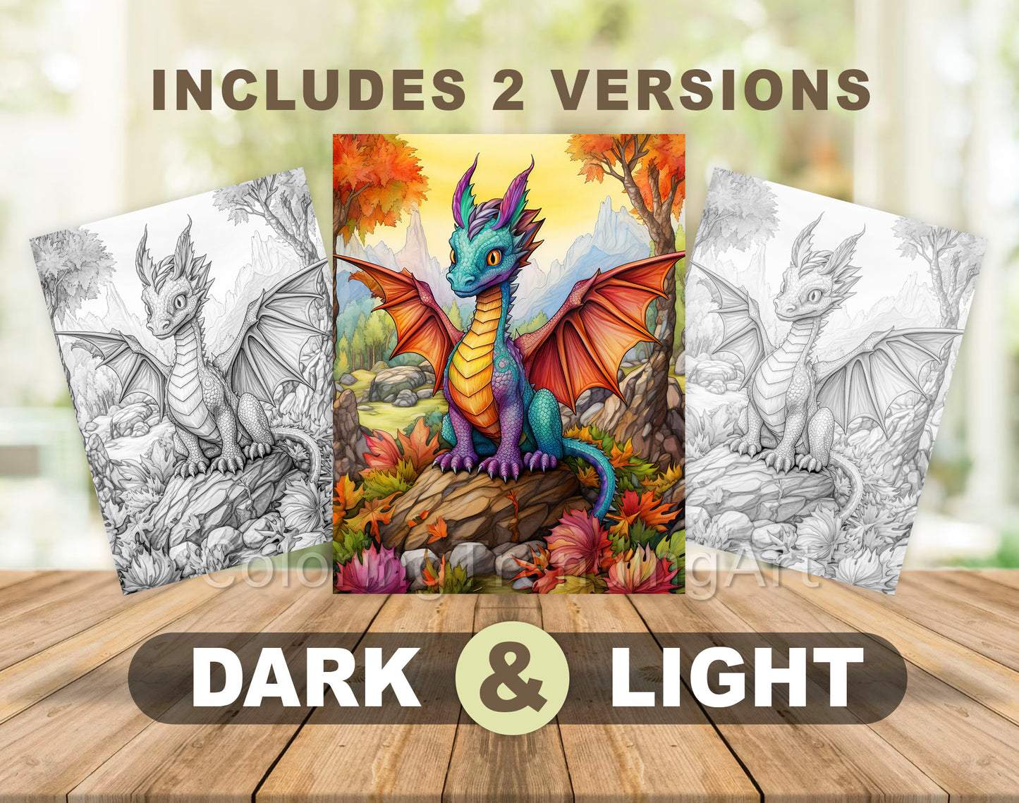 50 Autumn Dragons Grayscale Coloring Pages - Instant Download - Printable PDF Dark/Light – preview 4