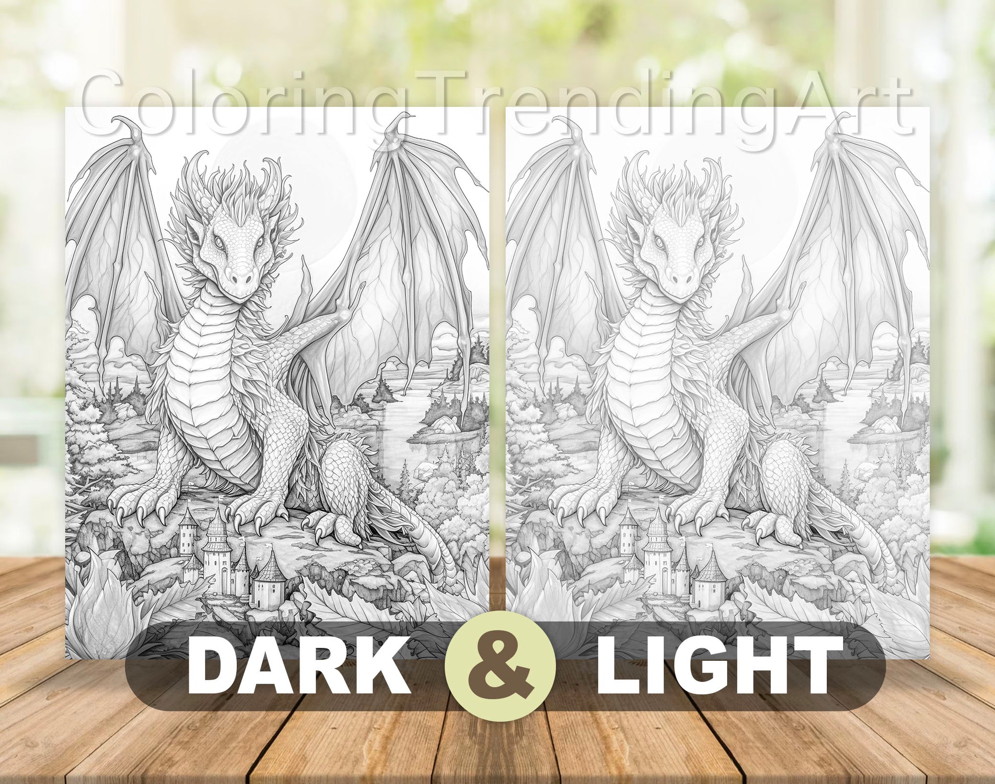 50 Autumn Dragons Grayscale Coloring Pages - Instant Download - Printable PDF Dark/Light – preview 5