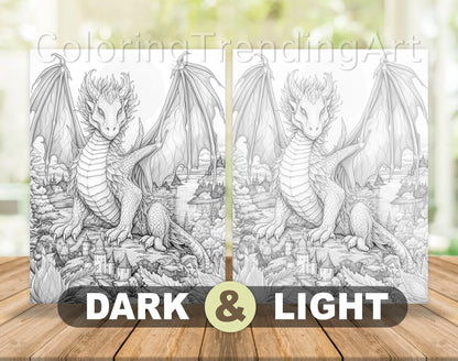 50 Autumn Dragons Grayscale Coloring Pages - Instant Download - Printable PDF Dark/Light – preview 5
