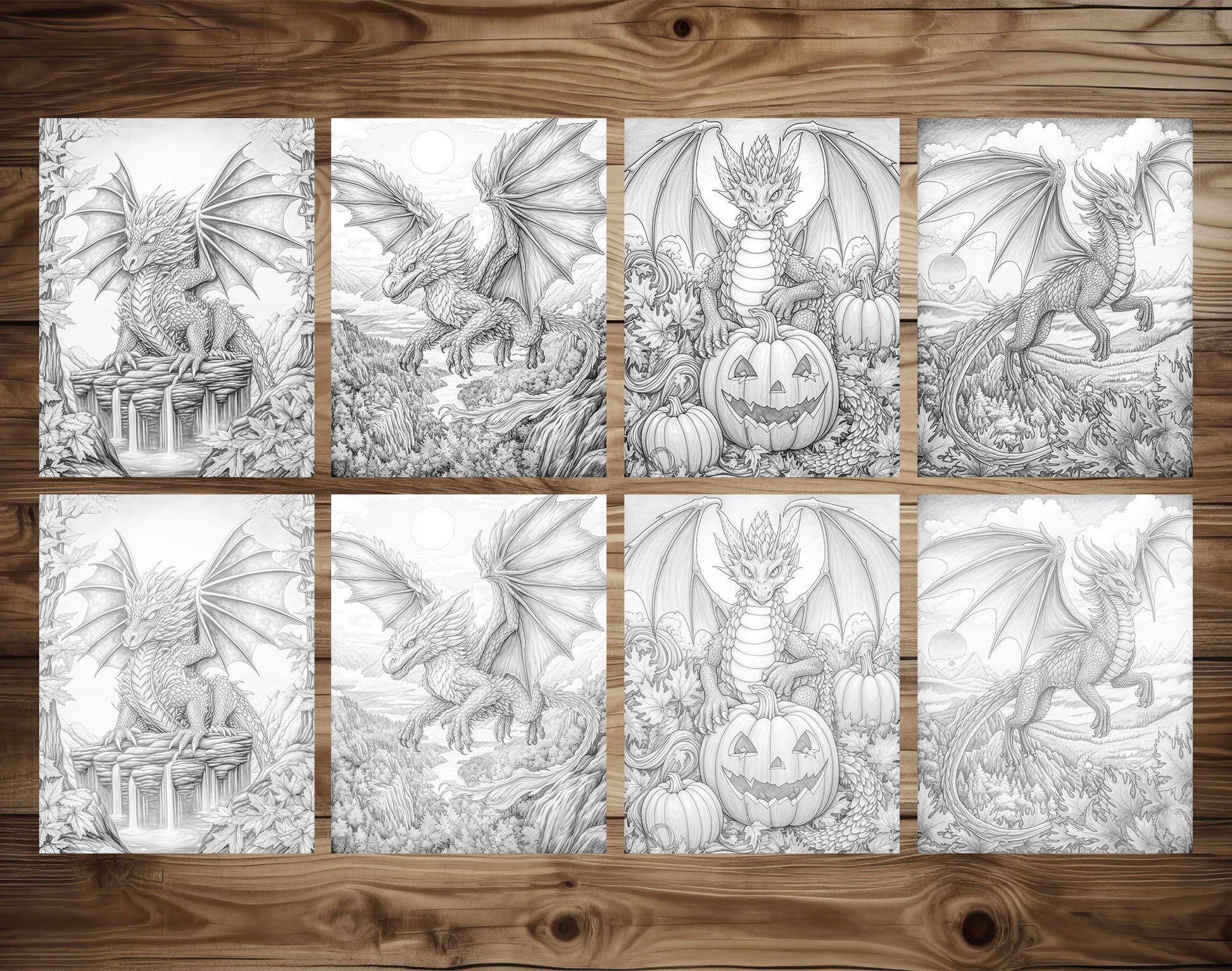 50 Autumn Dragons Grayscale Coloring Pages - Instant Download - Printable PDF Dark/Light – preview 6