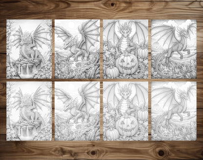 50 Autumn Dragons Grayscale Coloring Pages - Instant Download - Printable PDF Dark/Light – preview 6