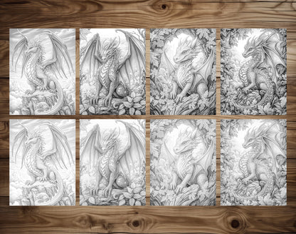 50 Autumn Dragons Grayscale Coloring Pages - Instant Download - Printable PDF Dark/Light – preview 7