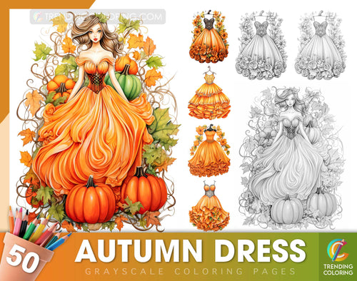 50 Herbstkleid Graustufen Ausmalbilder - Sofortiger Download - Druckbares PDF Dunkel/Hell