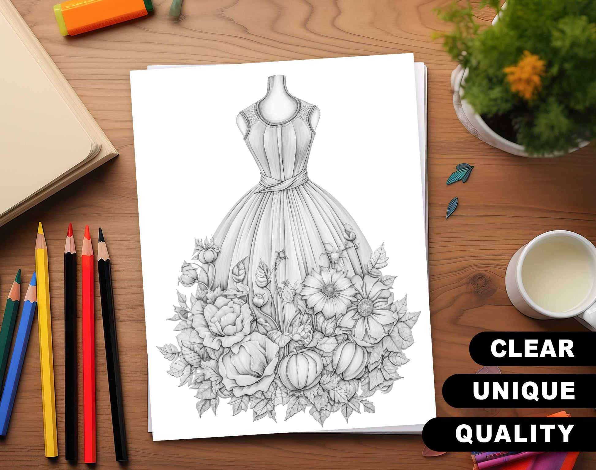 50 Autumn Dress Grayscale Coloring Pages - Instant Download - Printable PDF Dark/Light – preview 3